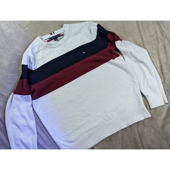 Tommy Hilfiger Sweater Women SZ S White Red Blue Striped Pullover Logo Crew Neck - Picture 3 of 10
